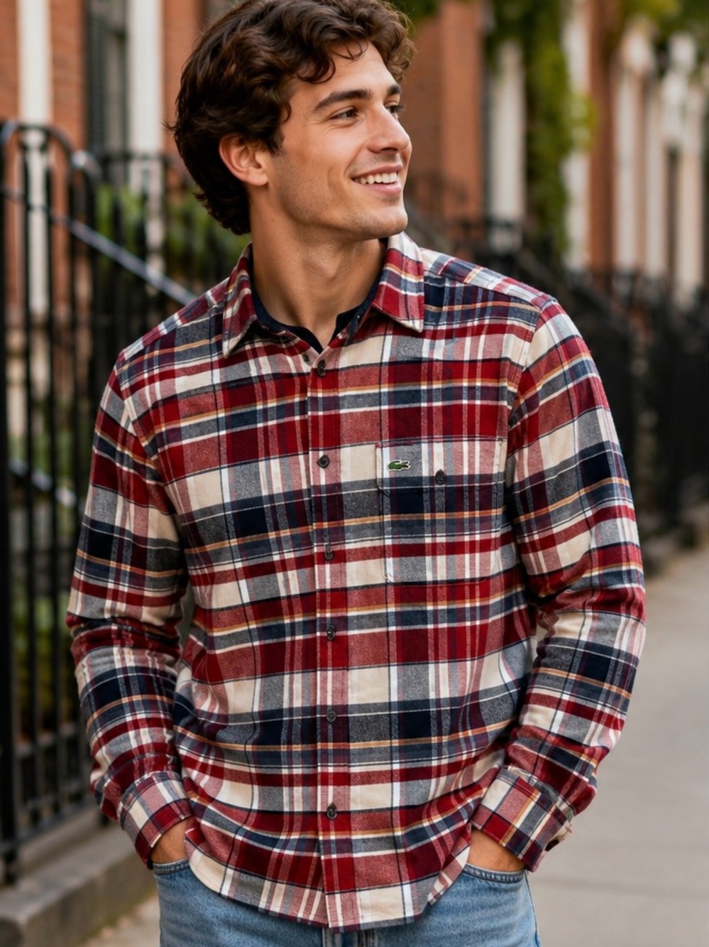 Lacoste Red Navy Plaid Button-Down Shirt classic fit Size L - Picture 1 of 10